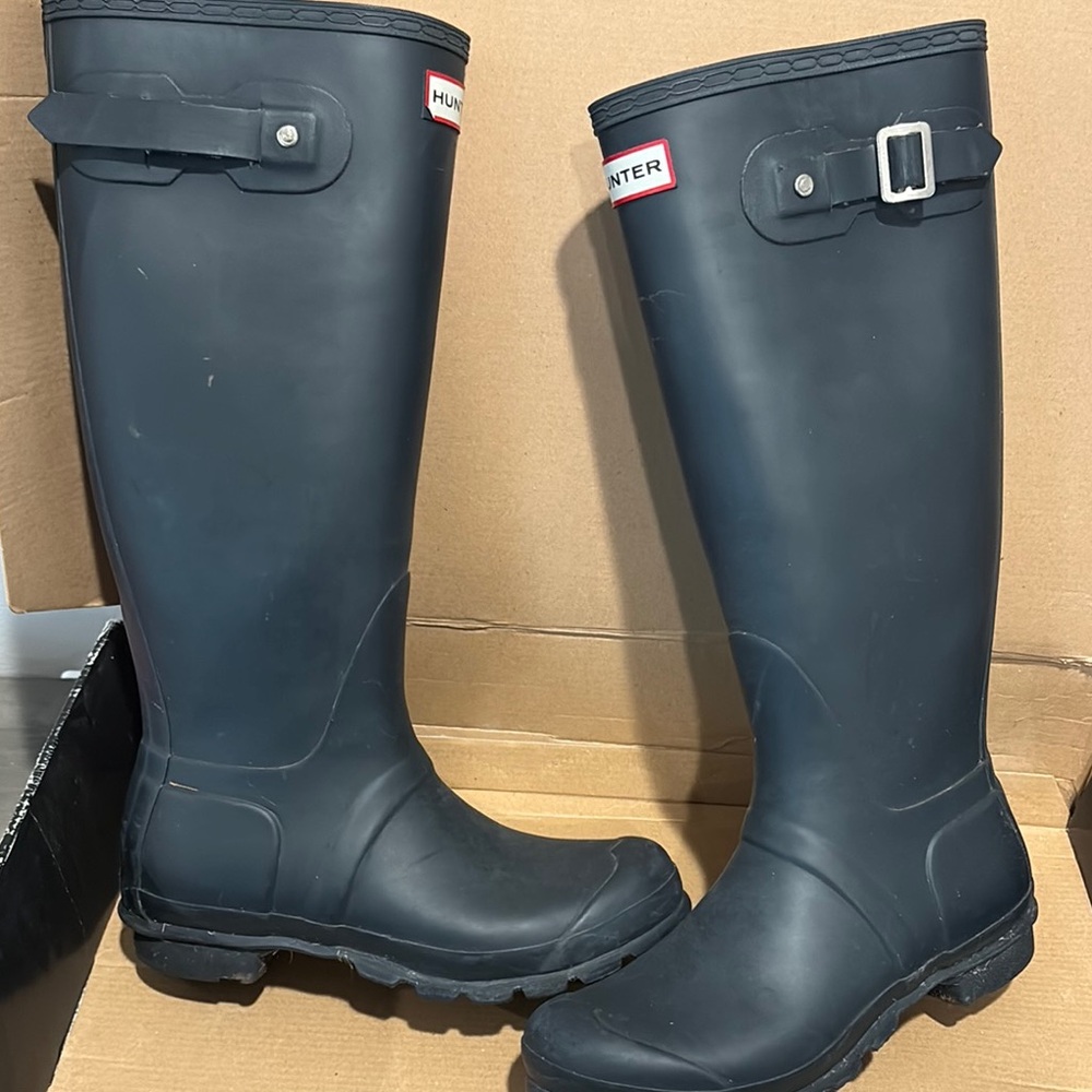 Hunter Blue Knee-High Rain Boots with Buckle